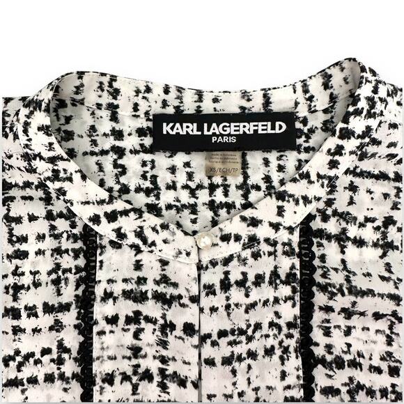 Karl Lagerfeld Paris Women's Pearl Button Top Size XS White Black Tweed Print - Picture 5 of 9